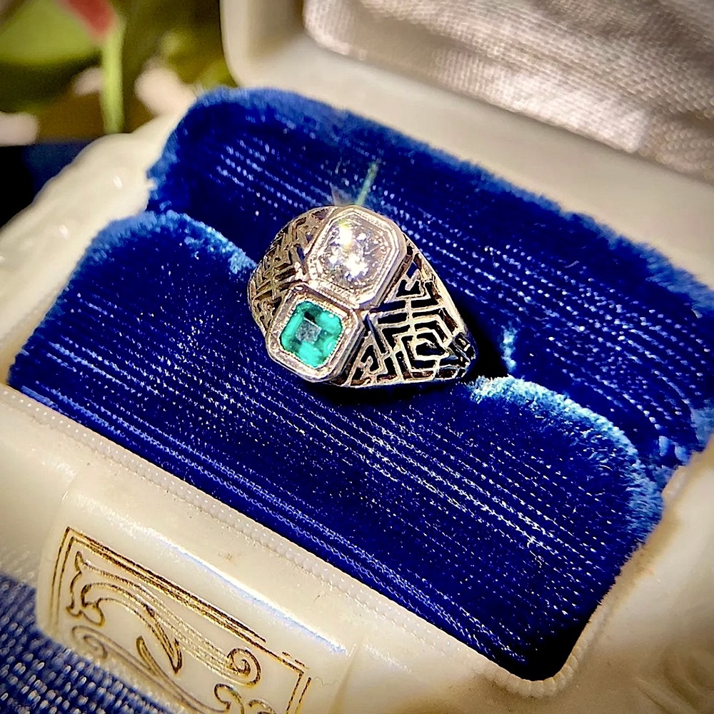 Antique Genuine Diamond Ring Solid 14K Gold Old European Cut Art Deco Filigree - Picture 8 of 14
